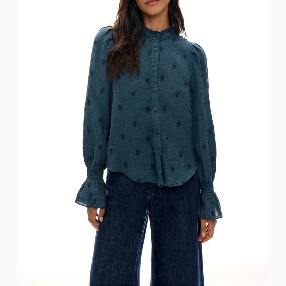 Teal Blue Print Ruffle Collar Bishop Sleeve Button Front Blouse